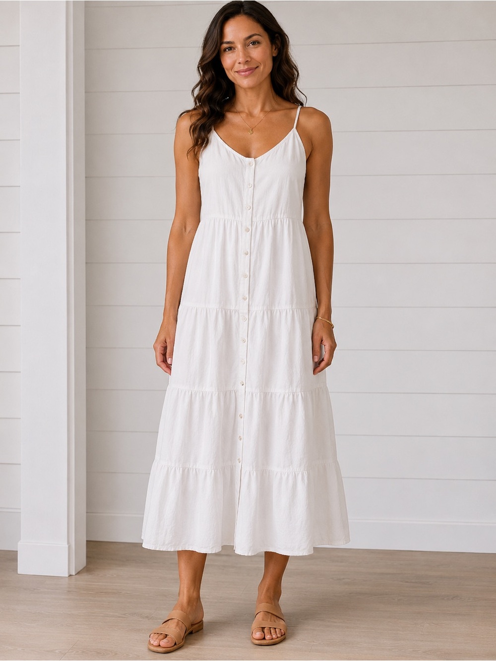 4Our Dreams White Button-Front Spaghetti-Strap Tiered Sundress Size M
